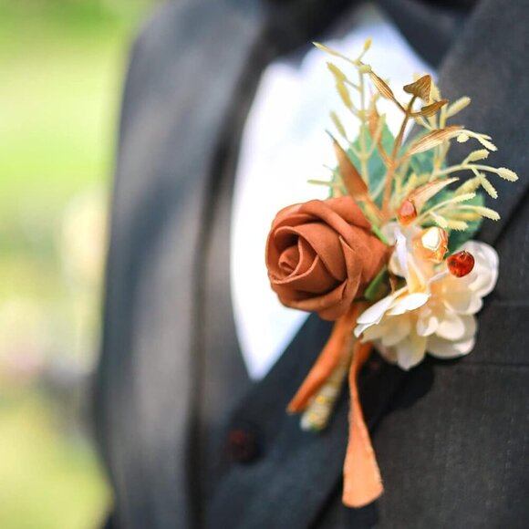 Set of 6 Terracotta Wedding Boutonniere for Men Artificial Flowers for Wedding G - Picture 4 of 9